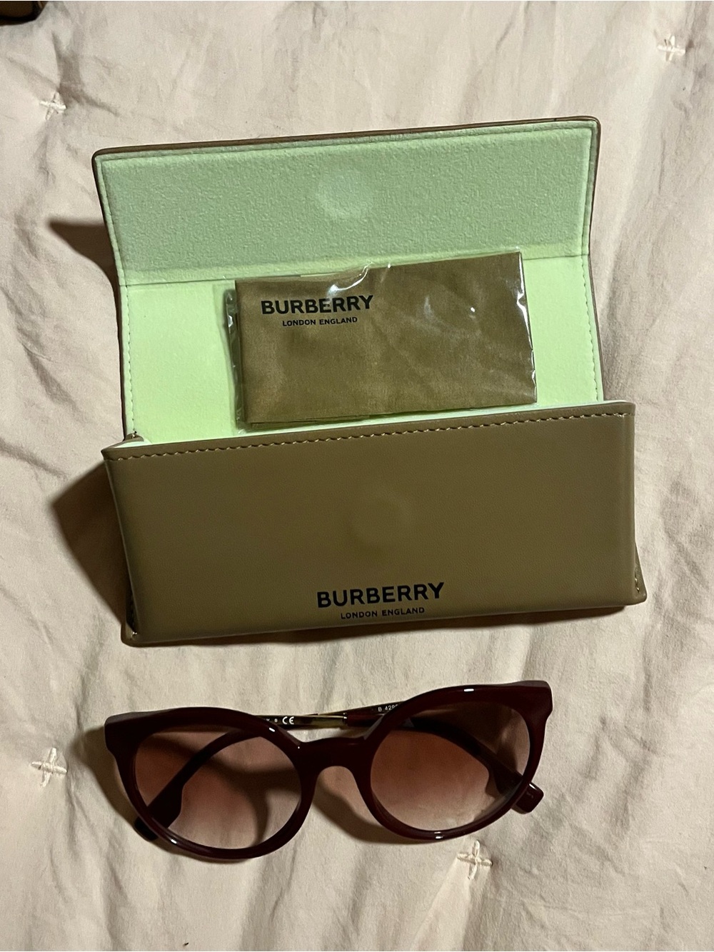Burberry Women's Burgundy Sunglasses with Olive Green Case